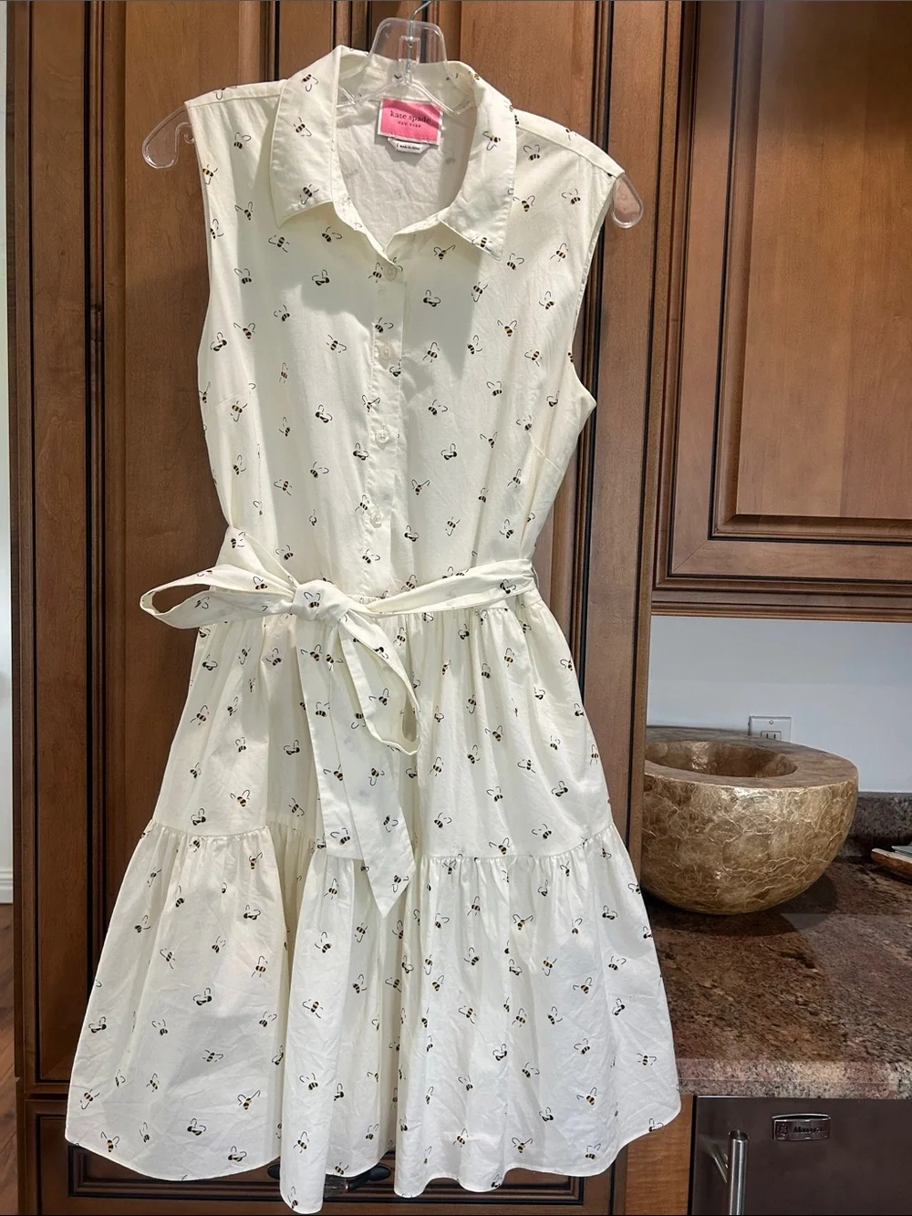 kate spade Cream Sleeveless Shirt Dress with Tie Waist and Micro Print